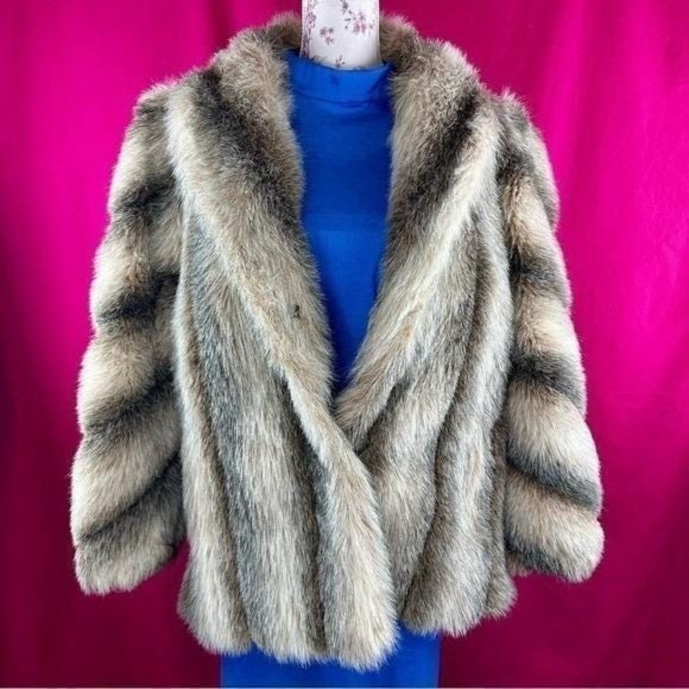 Vintage Faux Fur Striped Coat Brown Short Large Mob Wife Glam Luxury Chic - Picture 11 of 17